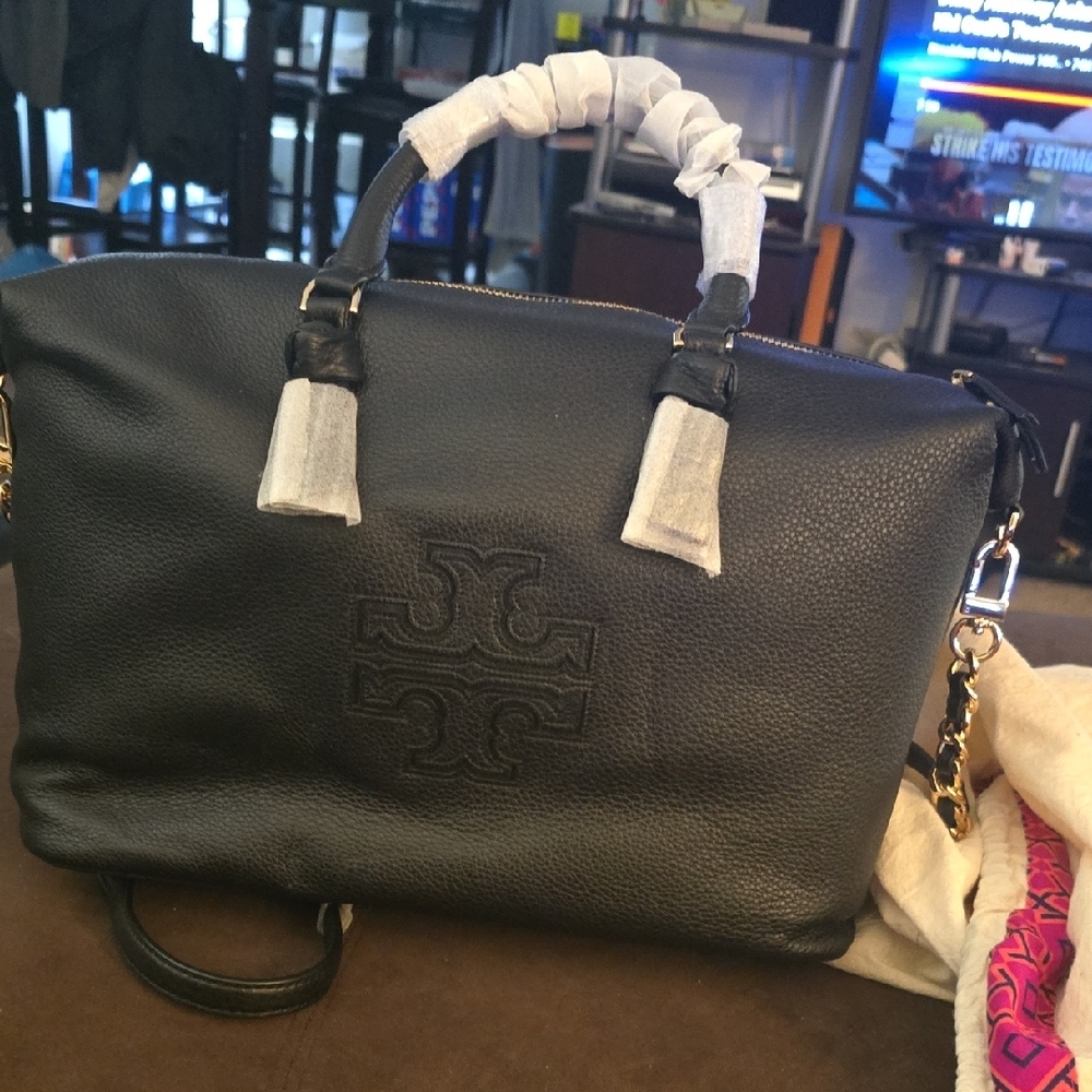 Tory Burch Black Leather Tote with Gold Accents